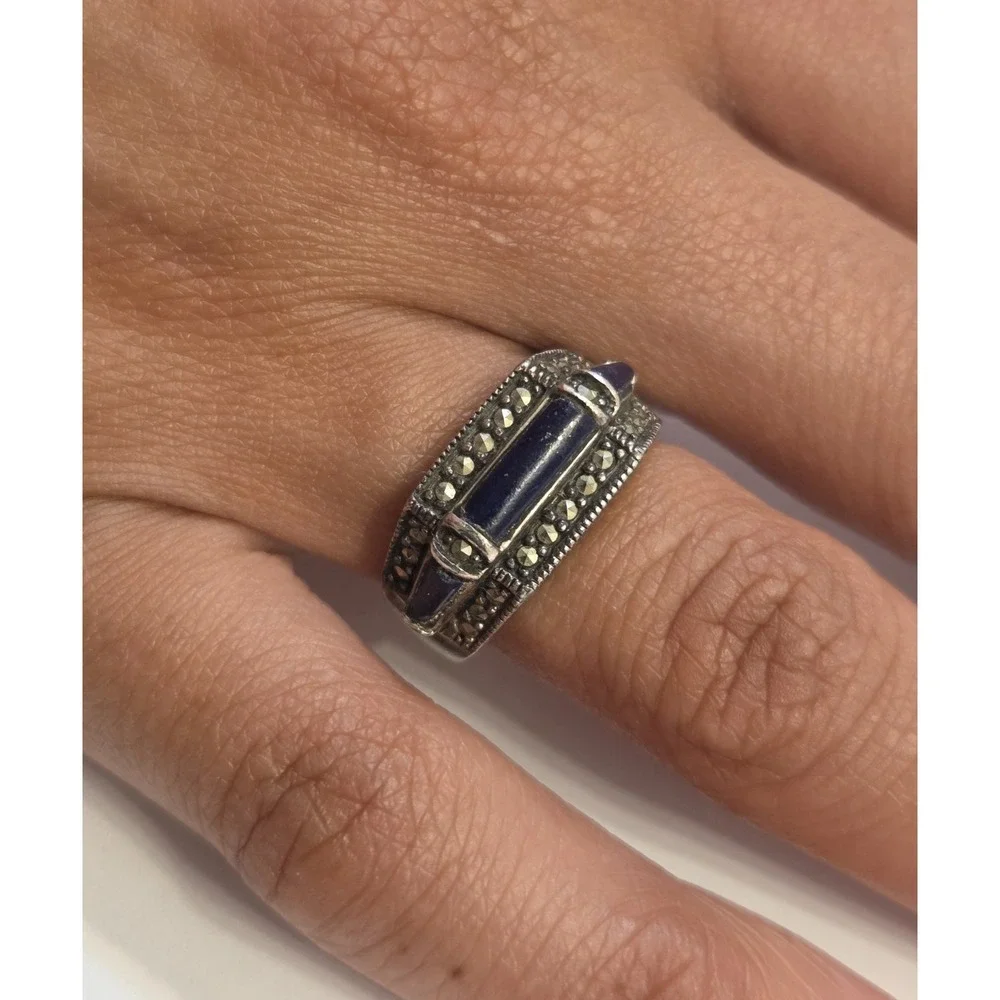 Vintage Art Deco Sterling Silver, Lapis Lazuli & Marcasite Statement Ring Size 6